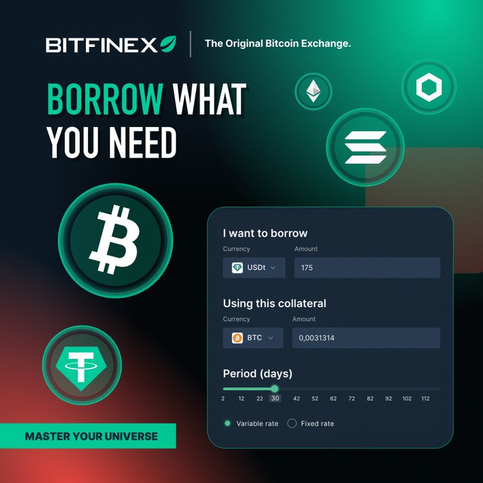 The image is a Bitfinex promotional graphic with the headline "BORROW WHAT YOU NEED" and tagline "MASTER YOUR UNIVERSE," showcasing the platform's borrowing interface where a user borrows 175 USDt using 0.0031314 BTC as collateral for a 30-day period at a variable rate. Surrounding icons of Bitcoin, Tether, Ethereum, and Solana visually reinforce the post's message about the variety of crypto assets accepted as collateral on Bitfinex Borrow.
