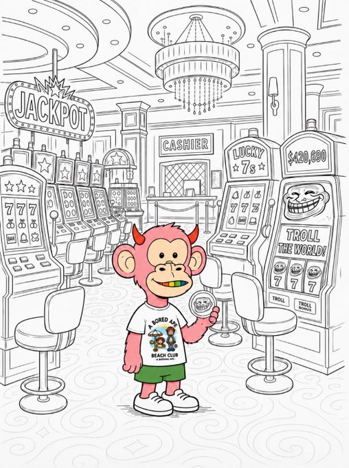 A coloring-book-style illustration of a pink monkey character in a casino, wearing a 'BORED APE YACHT CLUB' shirt and holding a coin, surrounded by slot machines labeled 'JACKPOT', 'LUCKY 7s', and 'TROLL THE WORLD'.