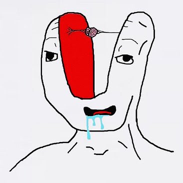 A crude line drawing of a creature's head with a red, pill-shaped feature on its forehead containing a brain with an arrow, drooling blue tears.