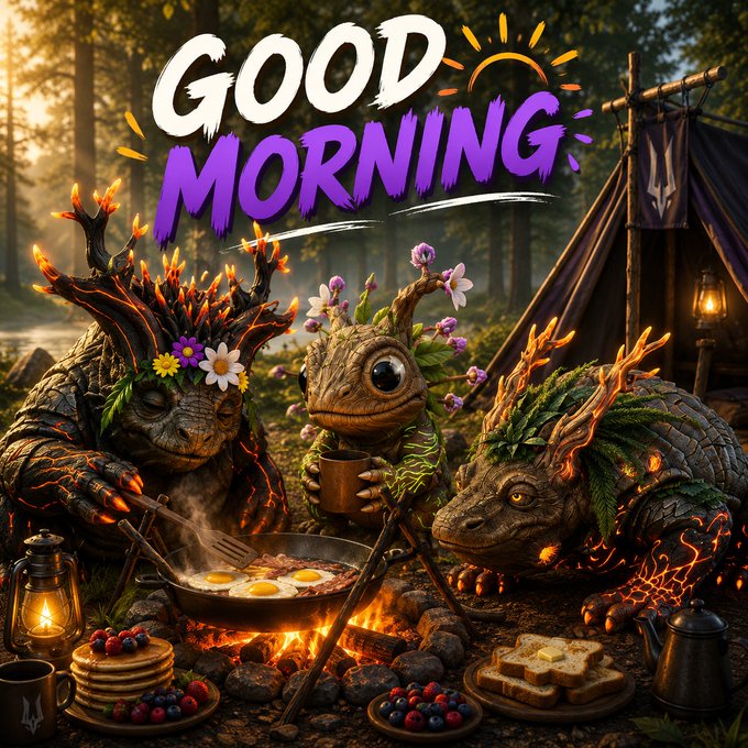 A whimsical fantasy illustration featuring three nature-spirit creatures with tree-like horns and floral decorations cooking breakfast over a campfire, with bold "GOOD MORNING" text above and "NEW DELIVERY" on a camp flag.