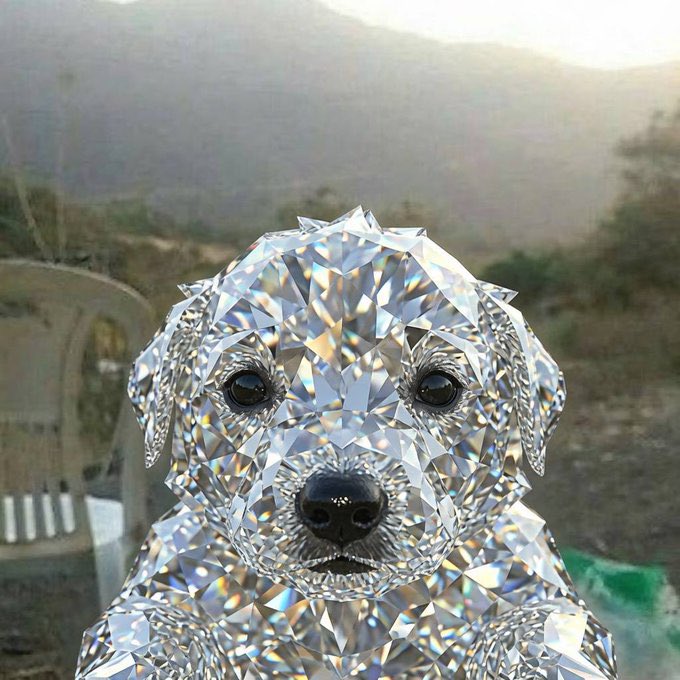 A glittering puppy rendered entirely in faceted diamond crystals gazes forward against a hazy mountain backdrop, with no text visible. The crystalline dog visually echoes the post's "diamond hands" greeting—popular crypto slang referring to investors who hold assets stubbornly through volatility—with the animal's entire body literally composed of sparkling diamond-like gems.