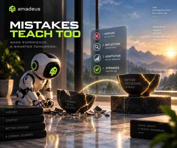 A promotional graphic for 'amadeus' features the headline 'MISTAKES TEACH TOO' next to a small white robot, a cracked bowl labeled 'A LESSON STILL COUNTS', and an intact bowl labeled 'BETTER DECISIONS AHEAD'.