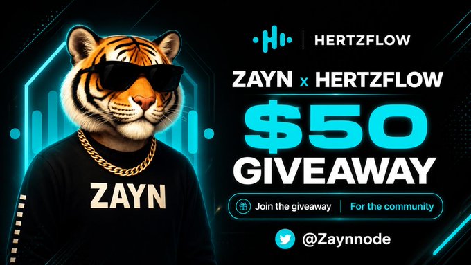 The image is a promotional graphic featuring a stylized tiger wearing sunglasses and a gold chain alongside text announcing a "$50 GIVEAWAY" collaboration between ZAYN and HERTZFLOW, with instructions to follow @Zaynnode and join the giveaway for the community.