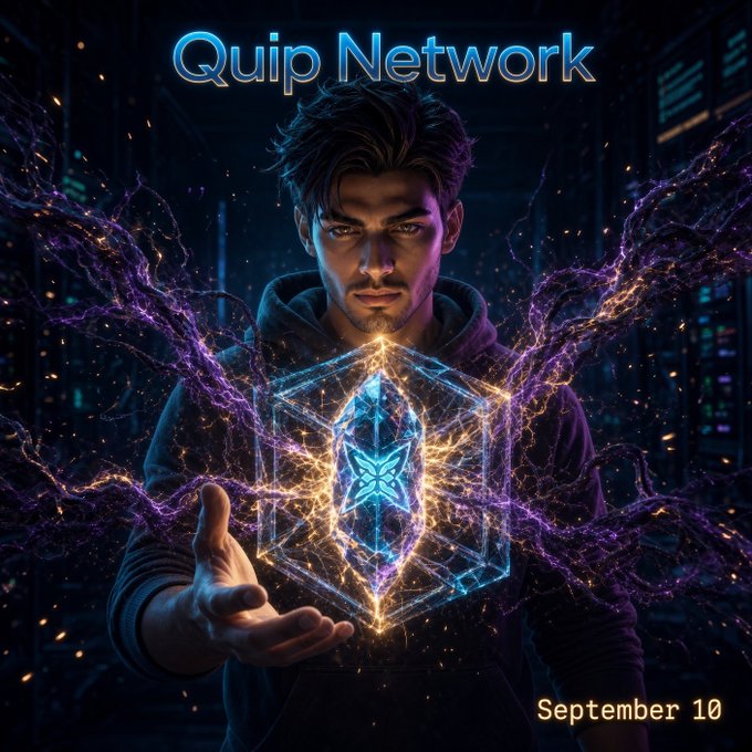 A digital artwork of a man holding a glowing crystalline object emitting purple energy, with text 'Quip Network' at the top and 'September 10' at the bottom.