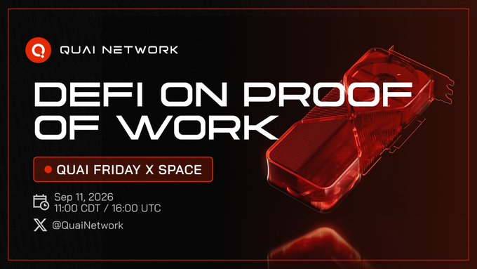 A promotional graphic for Quai Network's "DeFi on Proof of Work" Twitter Space scheduled for Sep 11, 2026 at 11:00 CDT / 16:00 UTC (@QuaiNetwork), featuring a translucent red 3D chainlink rendered against a black background with a glowing orange "Q" logo. The image visually reinforces the event's theme of bringing DeFi to Proof-of-Work blockchains, aligning with the post's discussion of how Quai enables new DeFi markets, liquidity, and staking incentives without abandoning PoW.