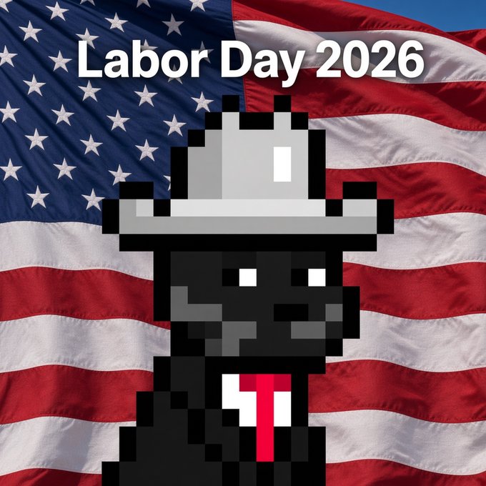 A pixel art illustration of a figure wearing a white cowboy hat, black sunglasses, and a red tie against an American flag background, with 'Labor Day 2026' written at the top.