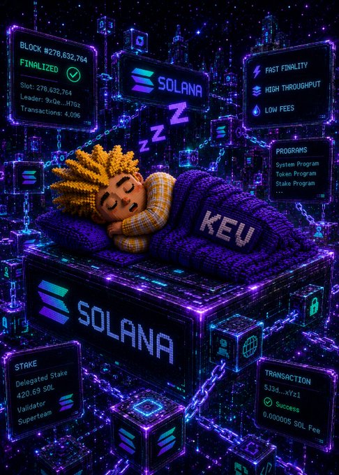 A pixelated figure labeled "KEU" sleeps peacefully on a glowing Solana-branded bed, surrounded by blockchain data panels showing a finalized block (#276,632,764), fast finality, low fees, and successful transactions, capturing the post's "gn Solana" sentiment of resting easy on the high-throughput network.