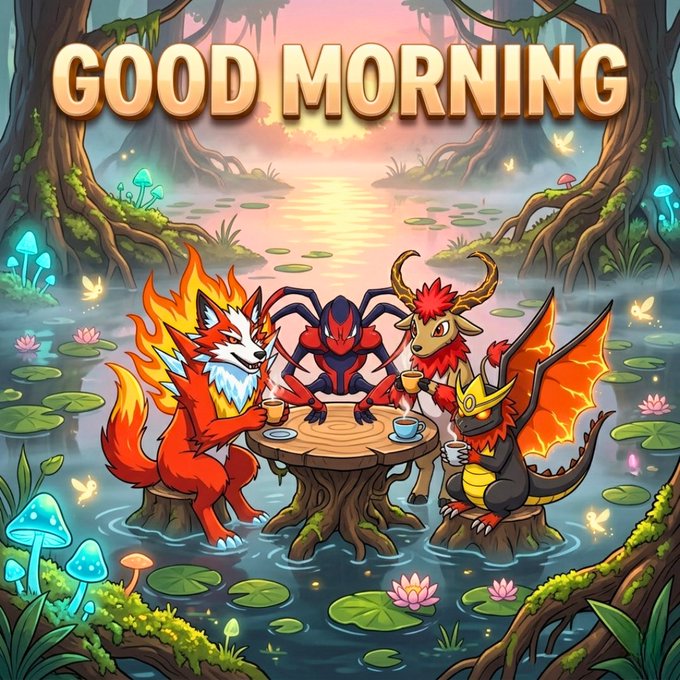 A colorful "GOOD MORNING" illustration shows fantasy creatures—a fiery fox, a spider-like warrior, a deer, and a dragon—gathered around a tree-stump table sharing coffee in a mystical swamp, tying into the Web3 morning greeting and NFT giveaway post about the Companeons project's Phase 2 milestone.