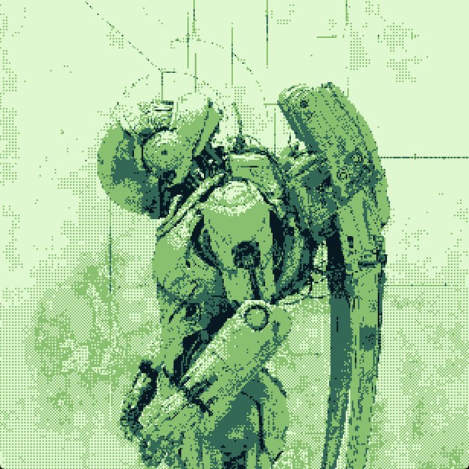 A pixel art illustration in green tones depicting a robotic or mechanical figure.