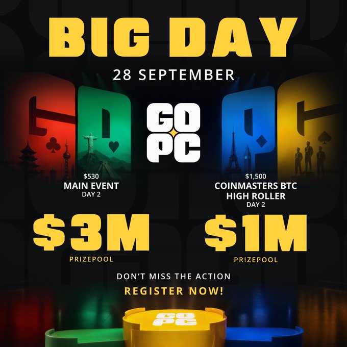 A promotional graphic for GOPC poker tournament on 'BIG DAY 28 SEPTEMBER', featuring a $3M prizepool for the $530 MAIN EVENT DAY 2 and a $1M prizepool for the $1,500 COINMASTERS BTC HIGH ROLLER DAY 2.