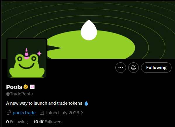 A Twitter profile for 'Pools' (@TradePools) with bio 'A new way to launch and trade tokens 💧', showing 10.1K Followers and a green frog mascot with a party hat.