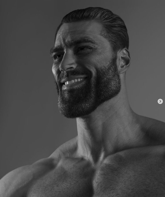 A shirtless, muscular man with a thick beard smiles off-camera in a dramatic black-and-white portrait, embodying the "Giga Chad" meme persona referenced in the post about the $CHAD/$GIGA memecoin and its creator @gigaernest finally receiving creator fees this cycle.