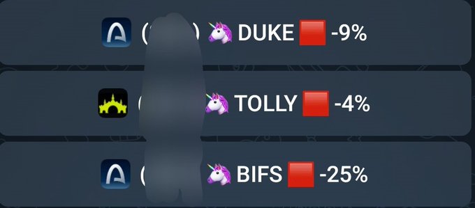 A statistics panel displays crypto/NFT collection names DUKE (-9%), TOLLY (-4%), and BIFS (-25%) with red downward indicators.
