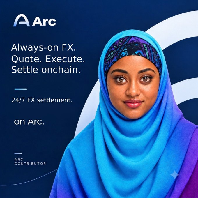 An advertisement for "Arc" displays a smiling woman in a blue hijab next to the text "Always-on FX. Quote. Execute. Settle onchain." and "24/7 FX settlement. on ARC."