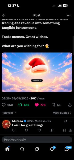 A mobile screenshot of a Twitter/X post about a meme trading platform that reads "trading-fee revenue into something tangible for someone. Trade memes. Grant wishes. What are you wishing for?" with a Santa hat image and 26K views.