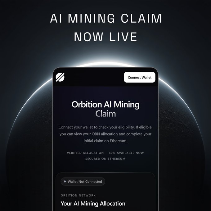 Promotional graphic announcing "AI MINING CLAIM NOW LIVE" for Orbition, featuring a dark-themed app interface that prompts users to connect their wallet to claim their OBN allocation, with "80% AVAILABLE NOW" highlighted and noting "SECURED ON ETHEREUM." The image visually reinforces the post's call to action directing users to claim.orbition.network to check eligibility and complete their initial claim.