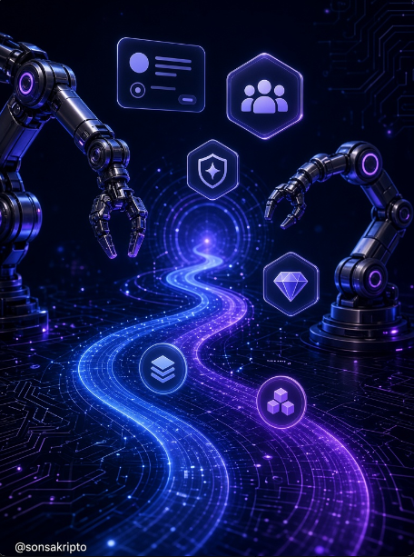 A futuristic digital artwork (watermarked @sonsakripto) showing robotic arms and glowing blue-purple data streams with various tech icons including a user profile, shield, and diamond.
