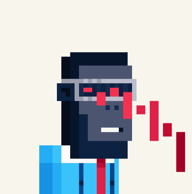 A pixel art portrait of a character wearing dark glasses and a blue hoodie, with red pixelated blood streaming from the eyes and dripping down.