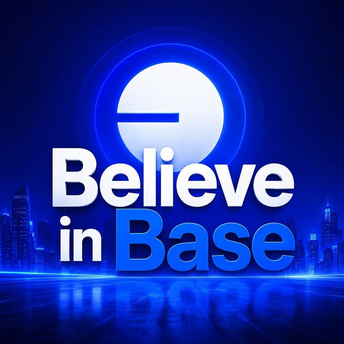 A promotional graphic features the text "Believe in Base" in bold white and blue lettering against a futuristic blue cityscape, with the circular Base logo centered above. The design visually reinforces the caption's message of anticipation for an upcoming announcement from the Base platform.