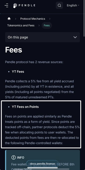 A screenshot of a documentation page from Pendle titled 'Fees', explaining that the protocol collects a 5% fee from yields. The section 'YT Fees on Points' is highlighted with a white box.