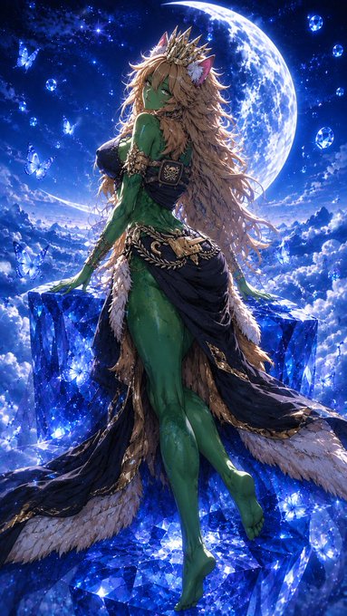 A fantasy digital artwork featuring a green-skinned female character with long blonde hair, fox ears, and an ornate gold crown. She wears elaborate blue and gold robes and stands on a crystalline blue structure against a backdrop of a large moon and blue crystalline spheres.