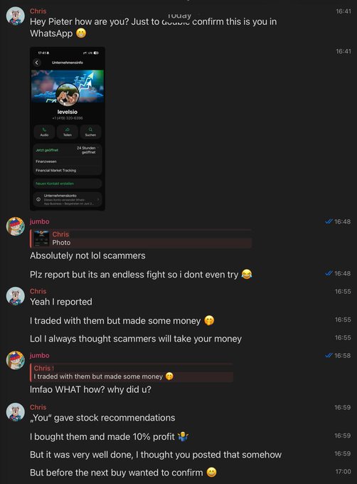A Discord conversation shows users discussing a WhatsApp account under the name "levosio" that appears to promote a "24 Stunden geöffnet" financial services scheme, with one user named Chris reporting they actually traded with the account and made 10% profit, demonstrating the real-world effectiveness of the scam despite warnings from others.