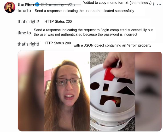 A Twitter/X post by user @Duderichy formatted as a meme with 'time to' prompts about HTTP status responses, featuring two reaction images of a woman and a frustrated cup holder.