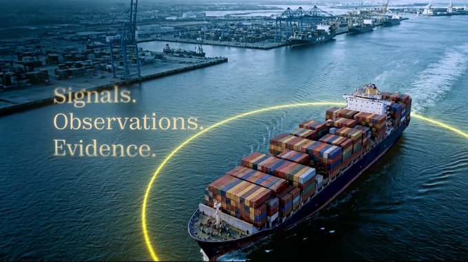 Aerial view of a container ship sailing through a harbor with port cranes, overlaid with text reading 'Signals. Observations. Evidence.'
