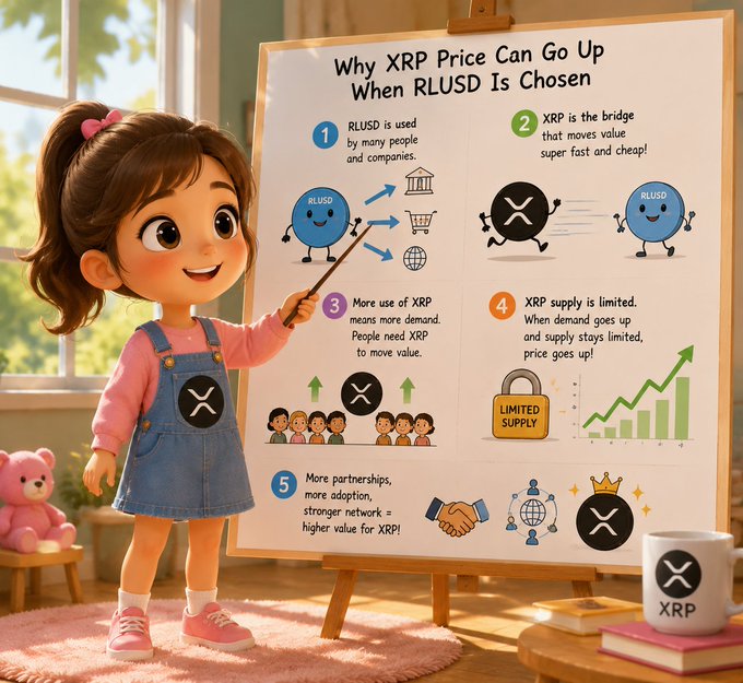 A cartoon girl points to an infographic titled 'Why XRP Price Can Go Up When RLUSD Is Chosen,' listing five points about XRP's utility and adoption.