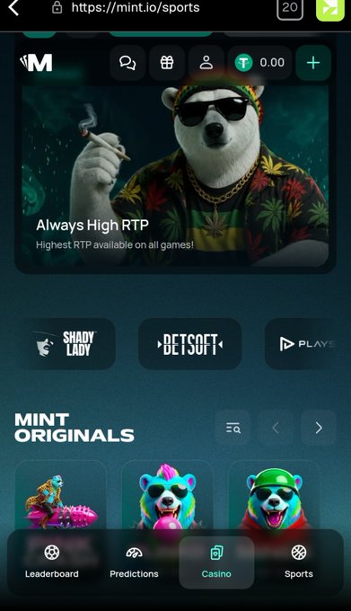 A mobile screenshot of the mint.io sports betting site displays a bear in Rastafarian attire smoking, with the text 'Always High RTP - Highest RTP available on all games!' and navigation icons at the bottom.