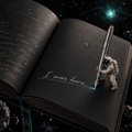 An open book rests on a wooden surface against a cosmic, starry backdrop, with a vintage telescope standing upright on its pages beside the handwritten text "I <heart> history." The scene visually echoes the post's sentiment by pairing the timeless act of reading with the vastness of space, suggesting a deep appreciation for both history and the universe.