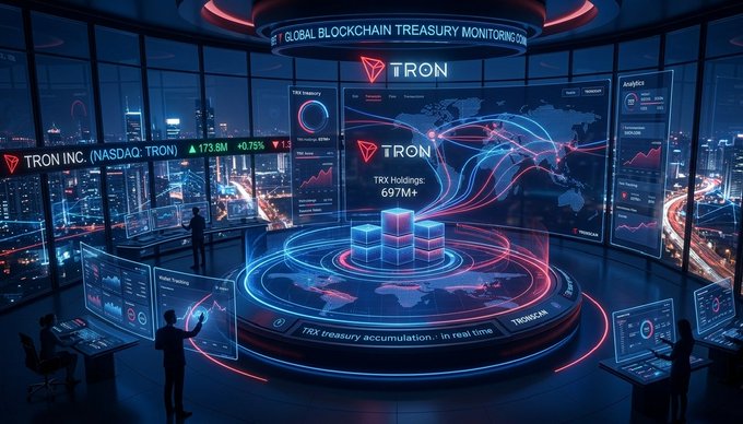 A futuristic office space features a large screen displaying "TRON" and "Global Blockchain Treasury Monitoring", with two individuals at desks, surrounded by monitors and screens.