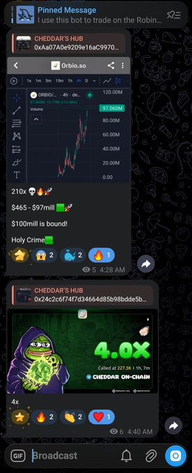 A screenshot of a Telegram broadcast from 'CHEDDAR'S HUB' showing cryptocurrency trading activity for 'ORBIO' reaching $100M, along with other pinned messages and Pepe the Frog emoji reactions.