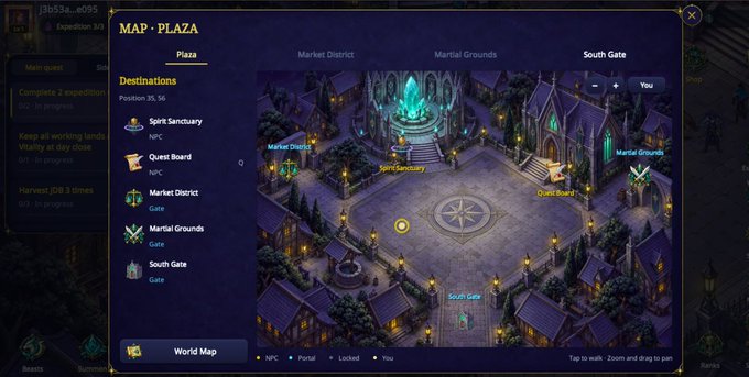 A video game map interface labeled 'MAP - PLAZA' showing destinations like Spirit Sanctuary, Quest Board, Market District, Martial Grounds, and South Gate.