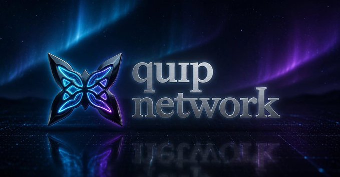 A digital banner displaying 'quip network' alongside a glowing neon butterfly logo, set against a dark background with purple and teal aurora-like lights.