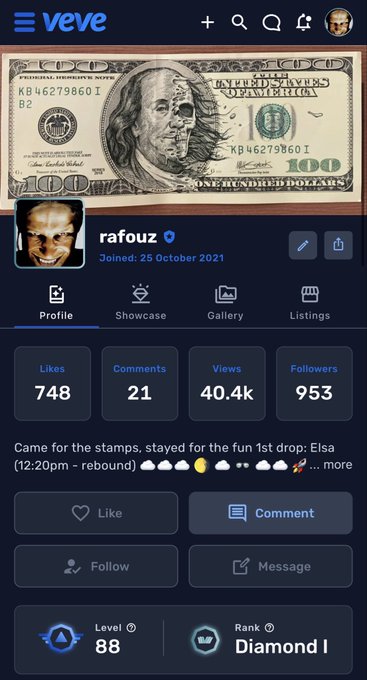 A screenshot of a VeVe profile page for user 'rafouz' (joined 25 October 2021), featuring a $100 bill NFT, 748 likes, 21 comments, 40.4k views, 953 followers, and a Diamond I rank at Level 88.