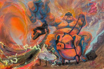 An abstract, colorful digital painting features swirling pink, orange, and blue tones with distorted figures and shapes.