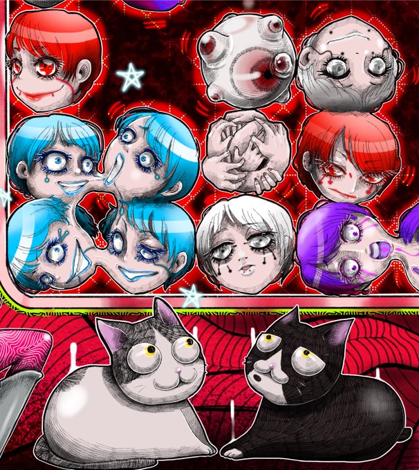 A zoomed-in detail of a surreal 1/1 NFT artwork featuring grotesque, distorted anime-style faces with exaggerated features and creepy cats against a red background, likely the digital piece promoted in the artist's "GM" tweet asking followers to visit their pinned post for the full collection.