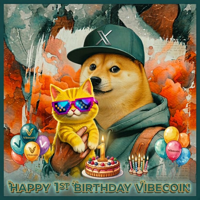 A 'Happy 1st Birthday Vibecoin' graphic featuring a dog wearing a cap and a kitten with pixelated sunglasses, surrounded by Vibecoin-branded balloons and a birthday cake.