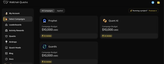 The image shows a screenshot of a website called "wallchainquacks" that displays information about paid collaboration campaigns for Quackheads users. The main focus of the image is an ongoing project, which has been completed by the user. There are three campaigns displayed on the screen, each offering cash payments to users who participate in them. One campaign is named "Campaign Budgets", another one is called "Campaigns", and the third one is labeled as a "Campaign Review". The post also mentions that Quack Heads NFT might improve your chances of getting selected for these campaigns.