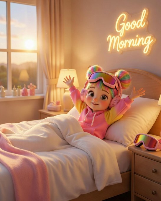 A cheerful child wearing a colorful sleep mask and headphones stretches awake in bed with arms raised, beneath a glowing "Good Morning" neon sign on the wall, with ski goggles resting on the nightstand—mirroring the post's upbeat morning energy and its call to wake up to the often-overlooked problem of blockchain friction that @useTria is solving.