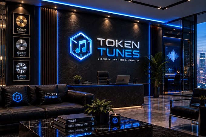 A sleek, neon-lit corporate lobby for "Token Tunes - Decentralized Music Distribution" features plush black leather seating, a coffee table displaying a "WEB3 Music Distribution" book, and a prominent illuminated logo, visually reinforcing the brand's premium, tech-forward aesthetic and the post's claims of exclusivity, prestige, and strong IP in the Web3 music space.
