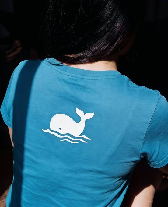 The back of a person wearing a teal t-shirt featuring a white graphic of a whale with its tail raised above waves.