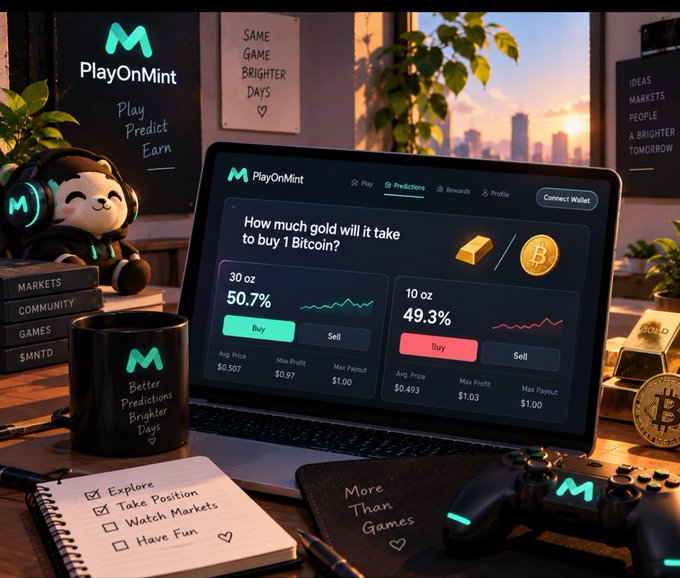 A promotional scene for PlayOnMint features a laptop displaying a prediction market asking 'How much gold will it take to buy 1 Bitcoin?', surrounded by PlayOnMint merchandise including a branded mug, plush mascot, and gaming controller.