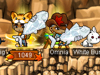 A screenshot from a mobile game showing a character named 'Omnia White Buno' at level 1049, accompanied by a cat and white dog characters in an underwater-themed setting.