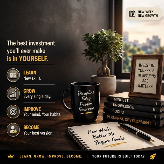 A motivational poster titled 'The best investment you'll ever make is in YOURSELF' with sections for LEARN, GROW, IMPROVE, and BECOME, featuring a coffee mug reading 'Discipline Today, Freedom Tomorrow' and a notebook saying 'New Week, Better Me, Bigger Goals.'