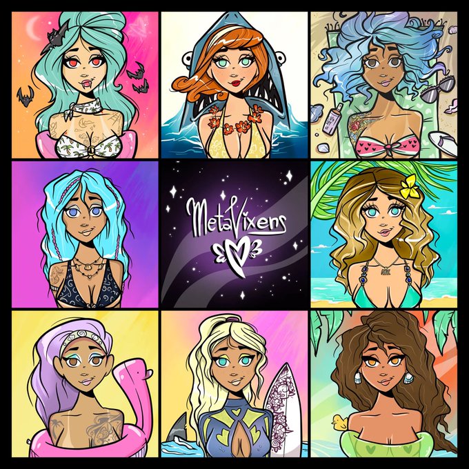 A 3x3 grid of anime-style female character illustrations surrounding a center tile with the text 'MetaVixens' and a heart logo, featuring various colorful hair and themed outfits.