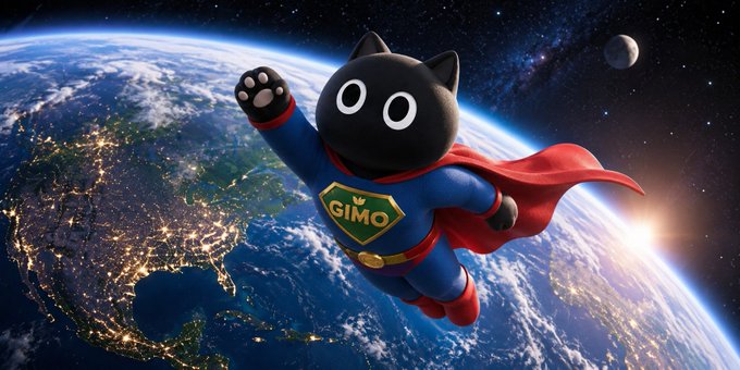A 3D rendered black cat mascot wearing a blue superhero costume with 'GIMO' on its chest and a red cape, flying through space above Earth with the Moon visible.