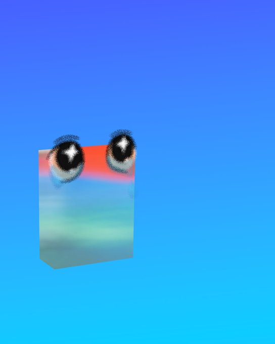 A surreal digital image shows a 3D rectangular block with a cloudy/sunset texture, adorned with large cartoonish googly eyes, floating against a bright blue sky.