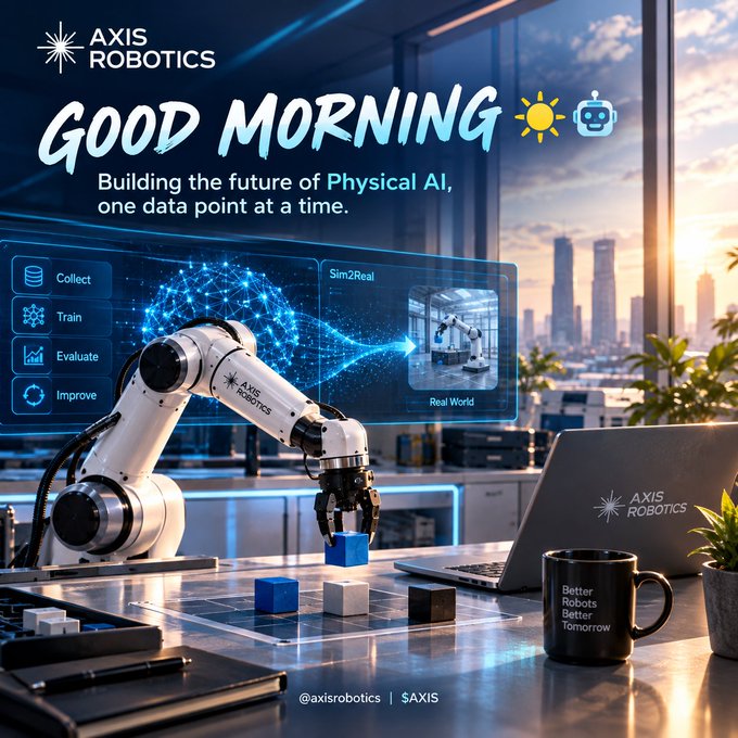 An 'AXIS ROBOTICS' promotional graphic featuring a robotic arm manipulating blocks with the text 'GOOD MORNING - Building the future of Physical AI, one data point at a time' and menu options for Collect, Train, Evaluate, and Improve.